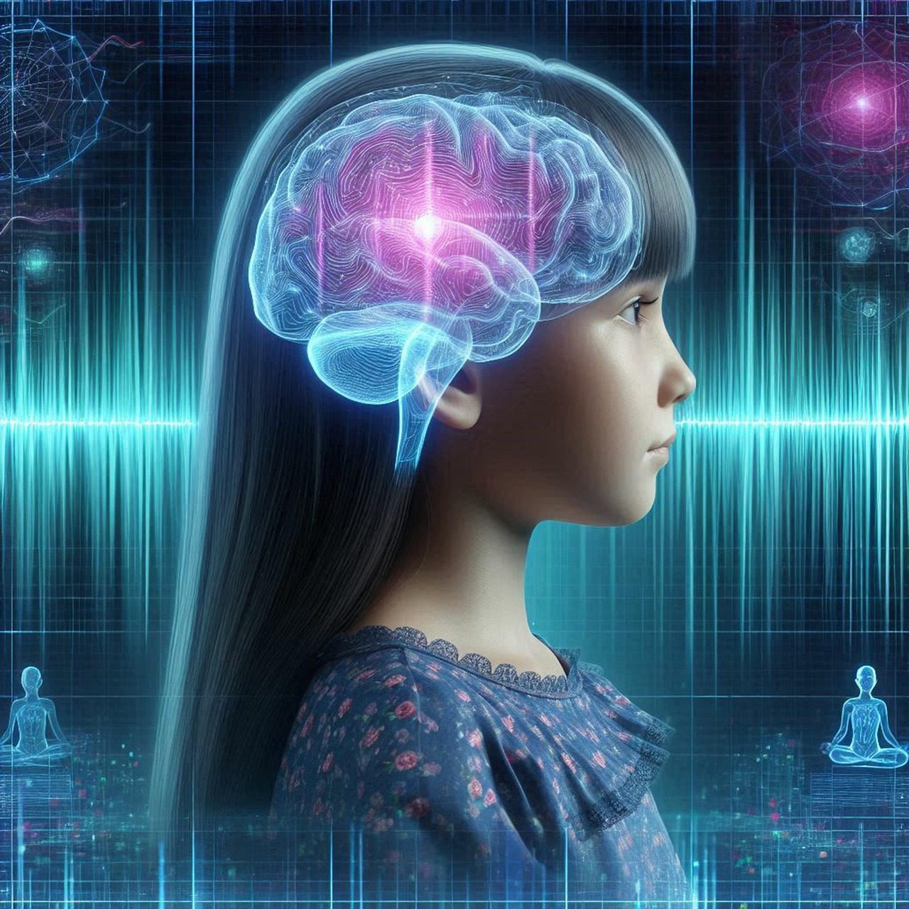 ai generated, girl, brain, child, brainwave, brain wave, hologram, thoughts, intelligence